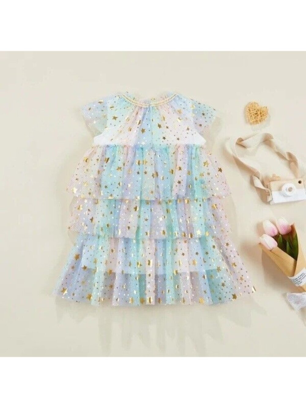 $68 PINK & VIOLET Girls Rainbow Pastel Tulle Ruffle Gold Stars Party Dress 4T